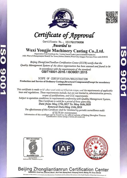 중국 Wuxi Yongjie Machinery Casting Co., Ltd. 인증